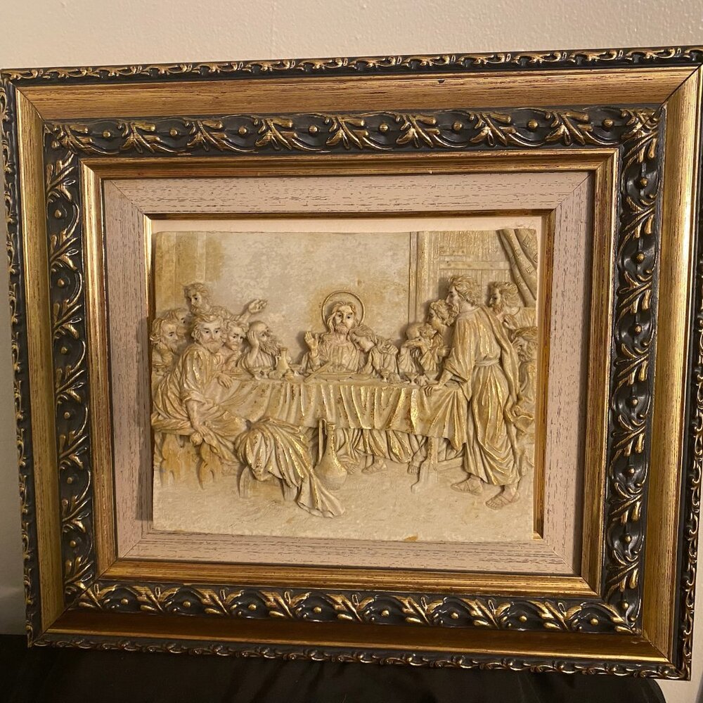 Vintage Last Supper 3D Bas Relief Wall Art | Ornate Gold Framed Religious Plaque